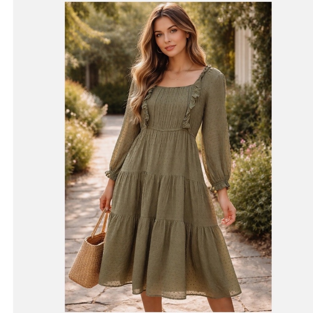 Hayden Los Angeles Olive Green Swiss Dot Embroidered Ruffle Midi Dress Size S